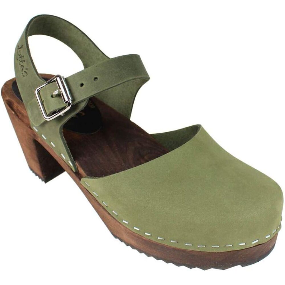 Lotta from Stockholm Highwood Clog Sandals Olive Green Nubuck Leather - Size 41